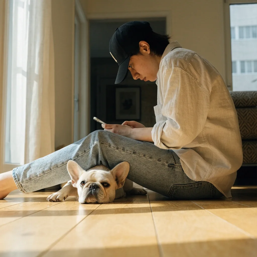 밝은 아파트 거실 바닥에 앉아 휴대폰으로 문의를 작성하는 사람의 무릎에 턱을 얹고 있는 크림색 프렌치 불독